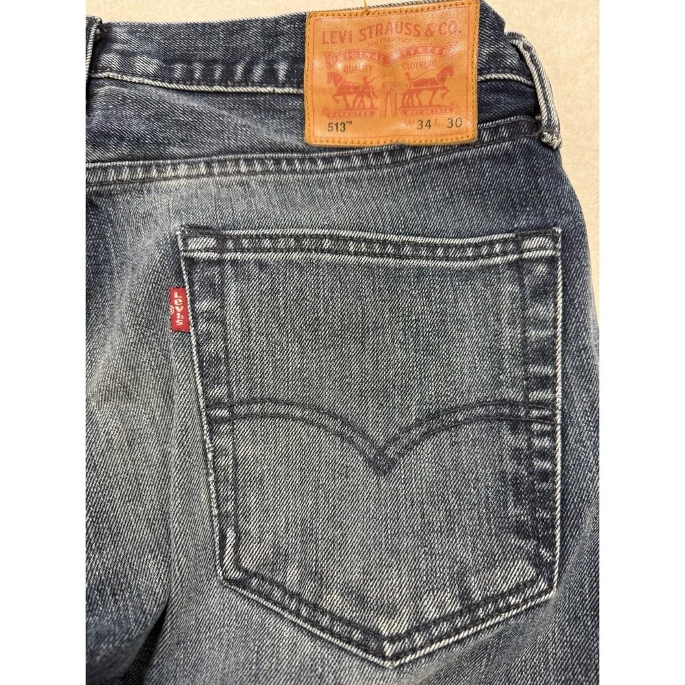 Levis 513 Jeans Men 34x30 Blue Slim Straight Stretch Whisker Distress Denim